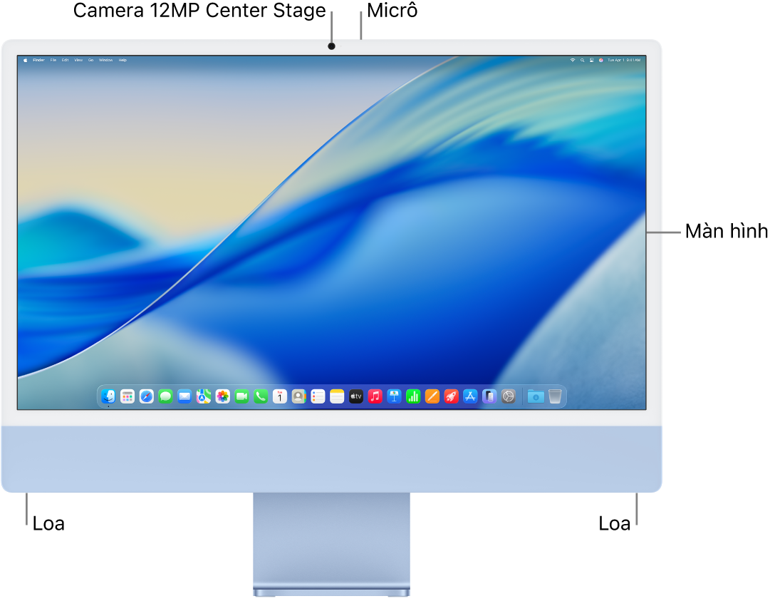 Hình ảnh mặt trước của iMac, đang hiển thị màn hình, camera, micrô và loa.