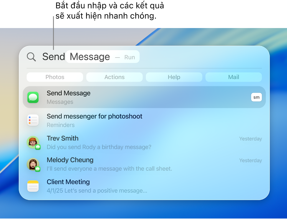 Cửa sổ Spotlight đang hiển thị cách gửi tin nhắn.