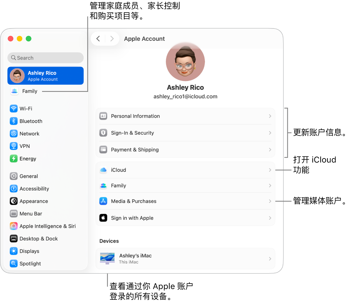 “系统设置”中的“Apple 账户”设置，包含更新账户信息、打开或关闭 iCloud 功能、管理媒体账户和“家人共享”（可在其中管理家庭成员、家长控制和购买项目等）的标注框。