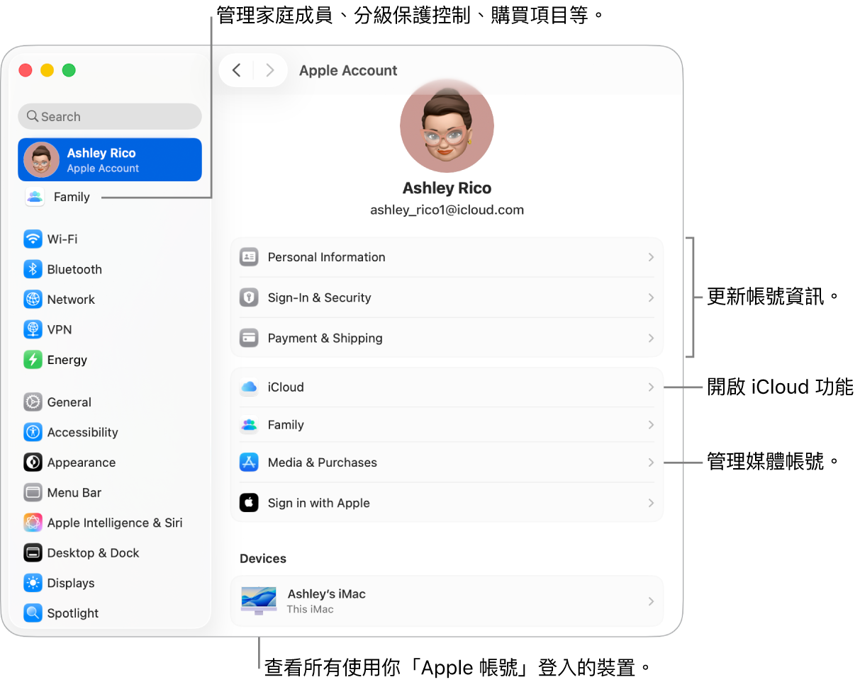 「系統設定」中的「Apple 帳號」設定包含更新帳號資訊、開啟或關閉 iCloud 功能、管理媒體帳號以及可管理家庭成員、分級保護控制、購買項目和更多內容的「家人共享」的說明框。
