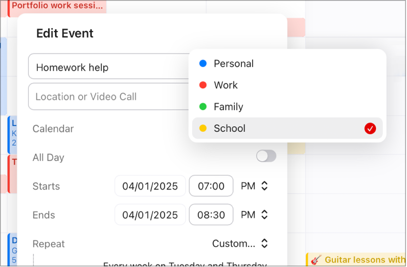 An event is open with the Calendar pop-up menu open next to the event’s name.