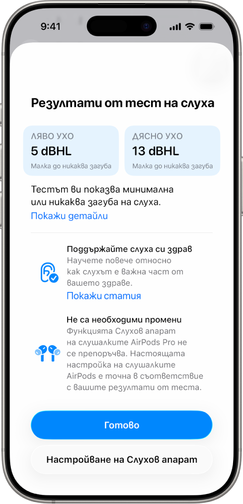 Резултати от Тест на слуха на iPhone, които показват от малка до никаква загуба на слуха в двете уши. В долната част са показани опции за докосване на Готово или Настройване на слухов апарат.