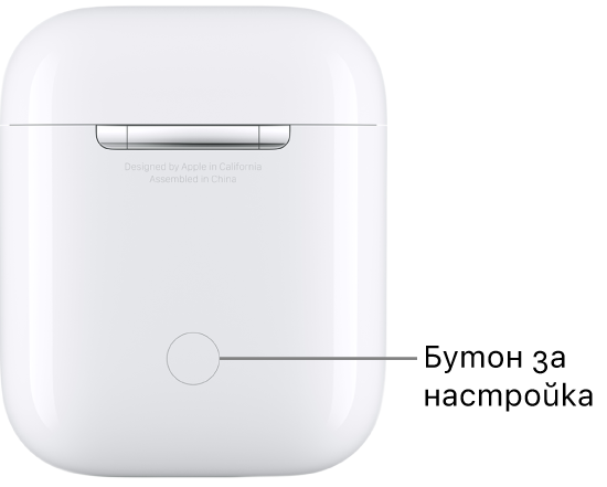 Бутонът за настройка в центъра на задната страна на захранващата кутия на слушалките AirPods 1 и 2.