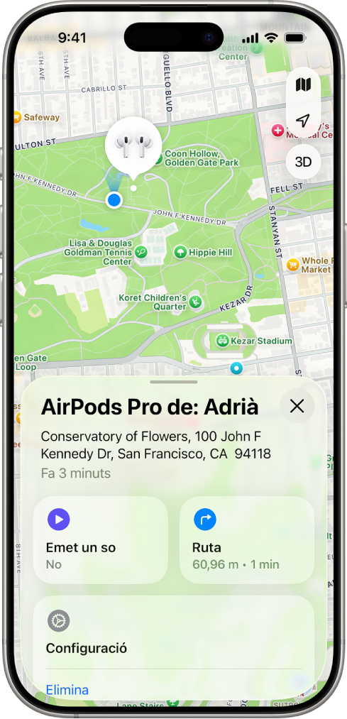 Pantalla de l’app Cerca a l’iPhone. La ubicació dels AirPods es mostra en un mapa de San Francisco, juntament amb l’adreça i les opcions “Emet un so” i “Ruta”.