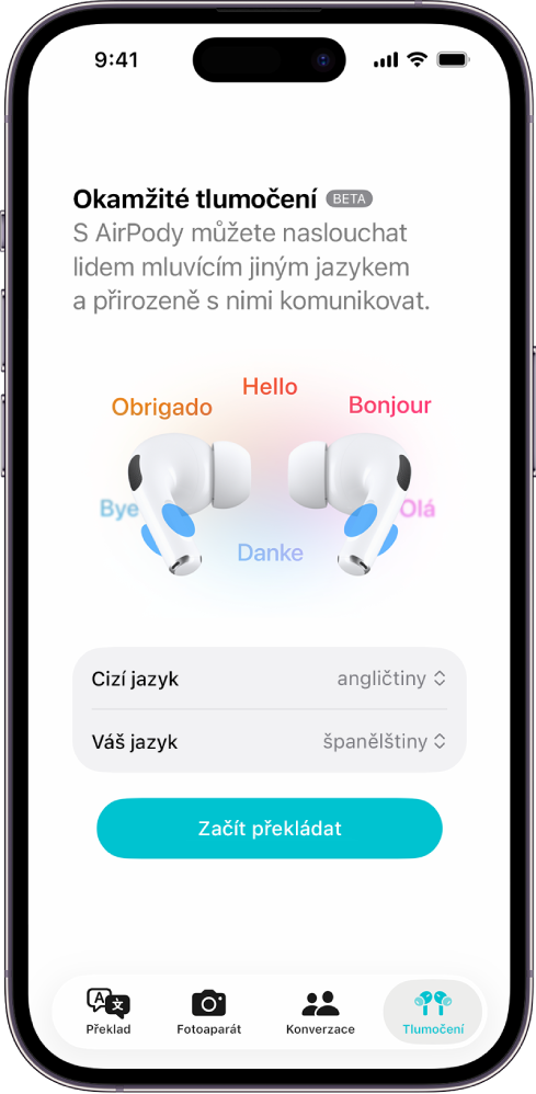 Aplikace Přeložit na iPhonu s otevřenou obrazovkou tlumočení. Na obrazovce jsou vidět dvě místní nabídky pro výběr jazyka druhé osoby a vašeho jazyka spolu s tlačítkem, kterým se tlumočení spouští.