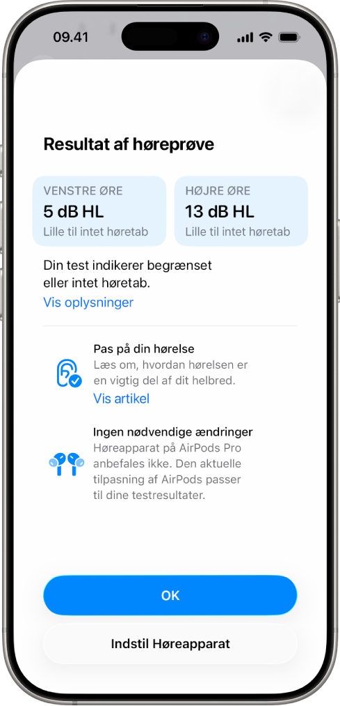 Resultat af høreprøve på iPhone, der viser moderat høretab på begge ører. Nederst vises muligheder for at trykke på OK eller indstille Høreapparat.