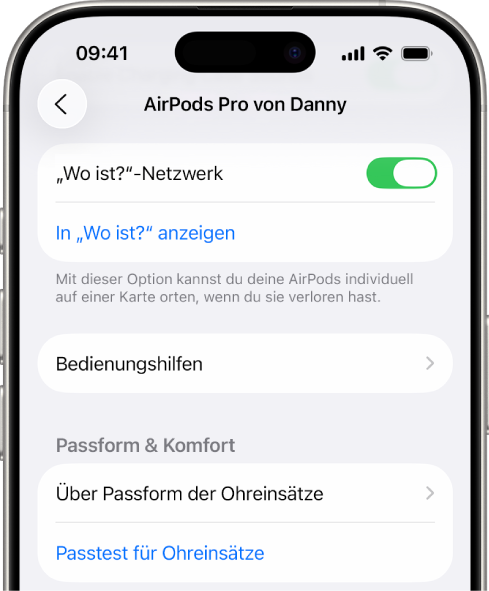 Bluetooth-Einstellungen auf dem iPhone mit Optionen für die AirPods Pro. Die Option „,Wo ist?‘-Netzwerk“ ist aktiviert, sodass die Position der verloren gegangenen AirPods einzeln auf einer Karte angezeigt werden kann.