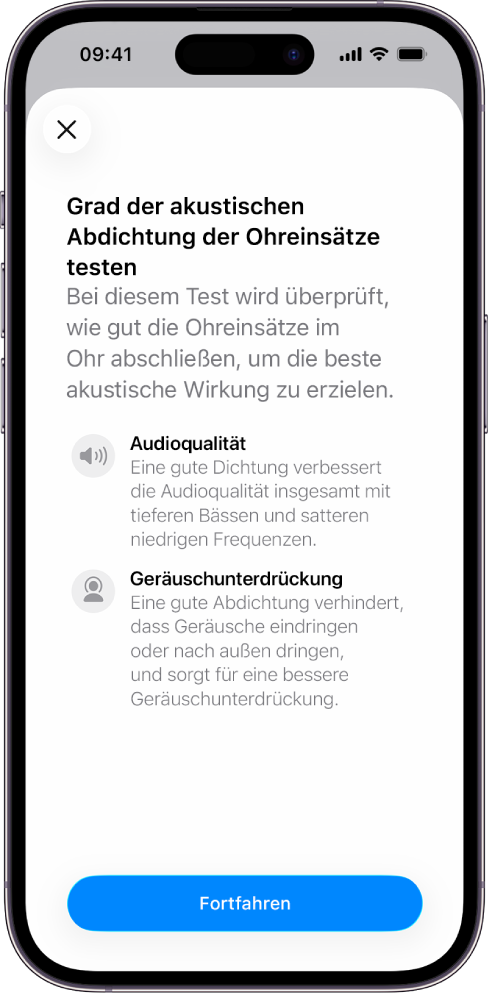 Ein iPhone-Bildschirm zeigt einen Test zum Messen der akustischen Abdichtung der AirPods Pro 3.