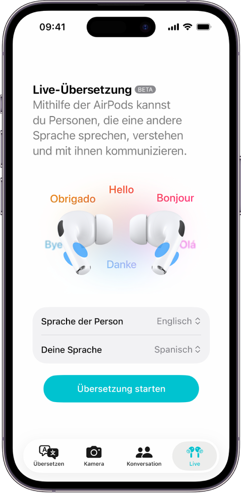 Die App „Übersetzen“ auf dem iPhone zeigt den Bildschirm „Live-Übersetzung“. Der Bildschirm zeigt zwei Einblendmenüs, in denen du die Sprache der anderen Person und deine eigene Sprache auswählen kannst, sowie eine Taste zum Starten von „Live-Übersetzung“.