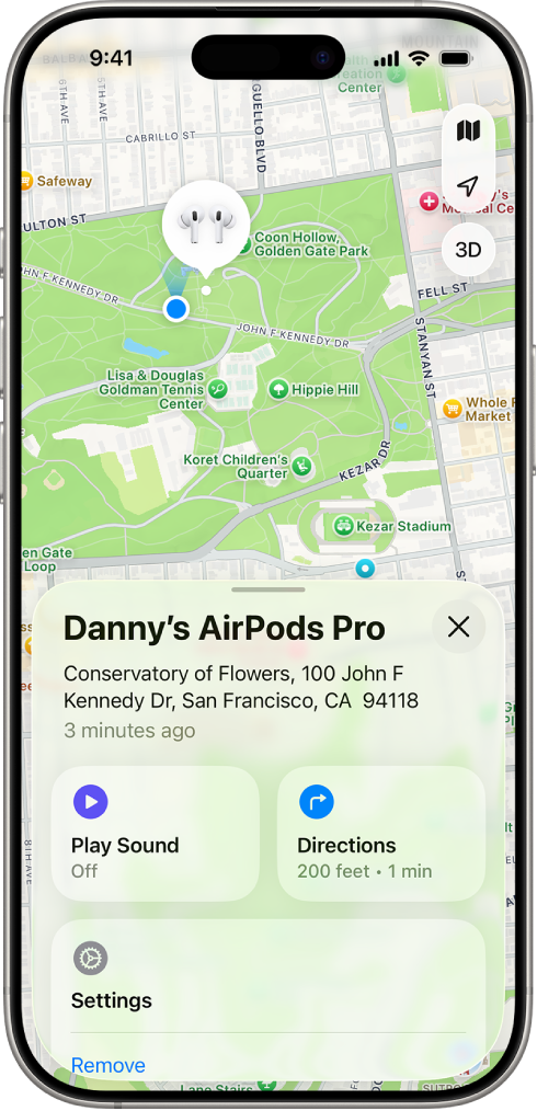 A screen from the Find My app on iPhone. The location of AirPods Pro is shown on a map of San Francisco, along with an address listed and the options Play Sound, Directions, and Settings.