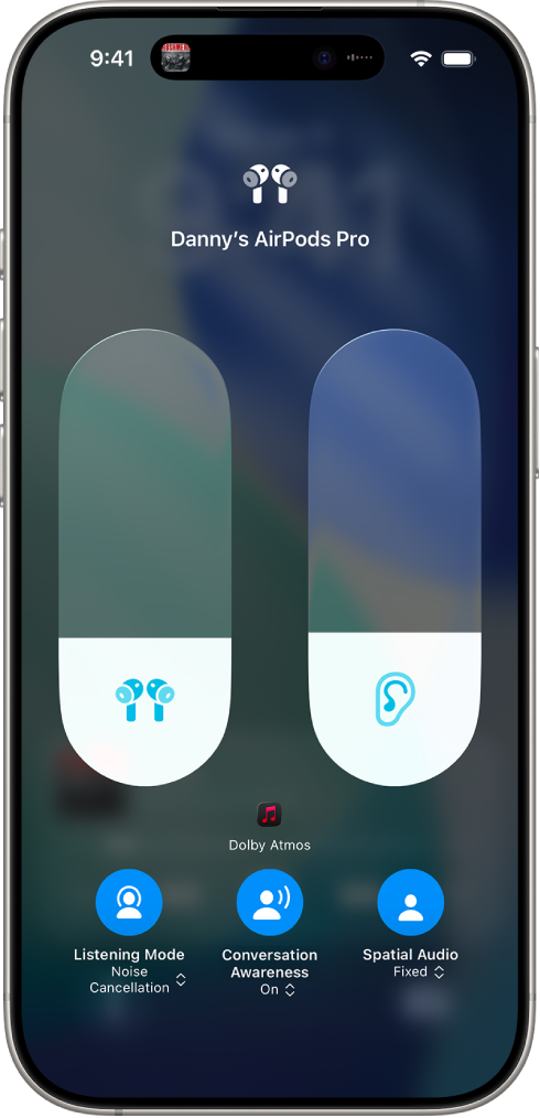 The volume screen in Control Center showing the volume level for AirPods Pro. On the right is the Spatial Audio/Head Tracked icon, indicating that Spatial Audio and head tracking are fixed.