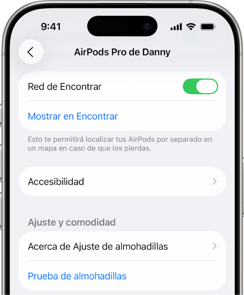 La configuración de Bluetooth en un iPhone mostrando las opciones para los AirPods Pro. La opción Red de Encontrar está activada, lo que permite que se localicen los AirPods por separado en un mapa si se pierden.