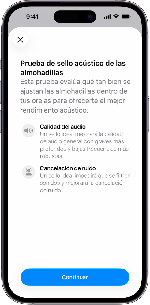 La pantalla de un iPhone muestra una prueba para medir el sello acústico de los AirPods Pro 3.