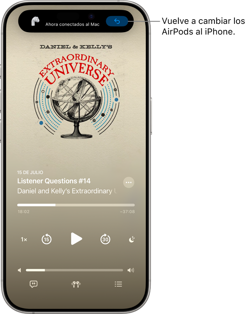 La pantalla de bloqueo del iPhone con un mensaje en la parte superior que indica “Ahora conectados al Mac” y un botón para volver a cambiar los AirPods al iPhone.