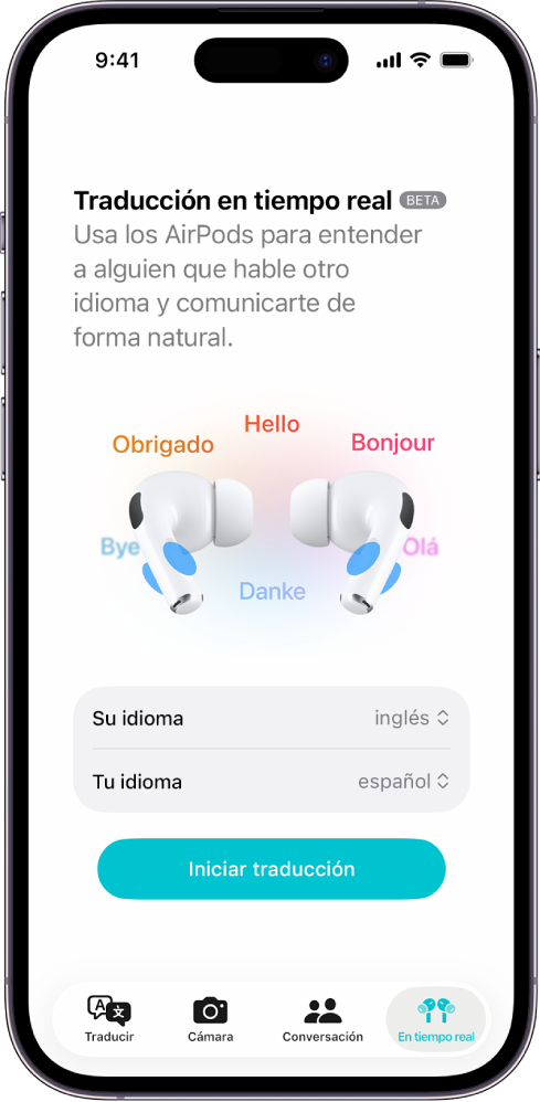 App Traducir del iPhone con la pantalla “Traducción en tiempo real”. La pantalla muestra dos menús desplegables para seleccionar el idioma de la otra persona y tu propio idioma, y un botón para iniciar la traducción en tiempo real.