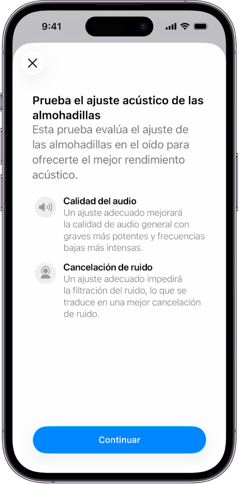 Pantalla de un iPhone con una prueba para medir el ajuste acústico de los AirPods Pro 3.