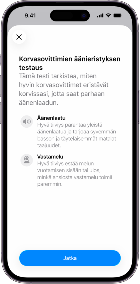 iPhonen näytöllä näkyy testi AirPods Pro 3 ‑kuulokkeiden äänieristyksen mittaamiseen.
