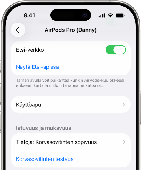iPhonen Bluetooth-asetukset, joissa näkyy AirPods Pro -kuulokkeiden asetukset. Etsi-verkko on laitettu päälle, minkä ansiosta AirPods-kuulokkeet voidaan löytää yksitellen kartalta, jos ne joutuvat kadoksiin.