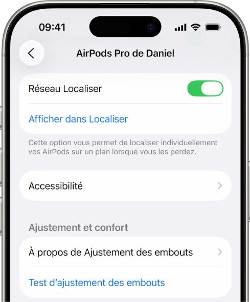 Réglages Bluetooth sur un iPhone qui affichent les options pour les AirPods Pro. L’option Réseau Localiser est activée, ce qui permet de localiser un AirPod à la fois sur un plan en cas de perte.