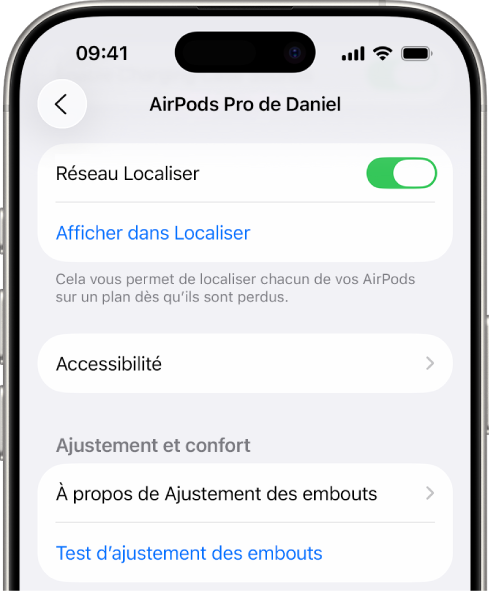 Les réglages Bluetooth sur un iPhone, avec des options pour les AirPods Pro. L’option « Réseau Localiser » est activée, ce qui permet de localiser spécifiquement chaque AirPod sur un plan en cas de perte.
