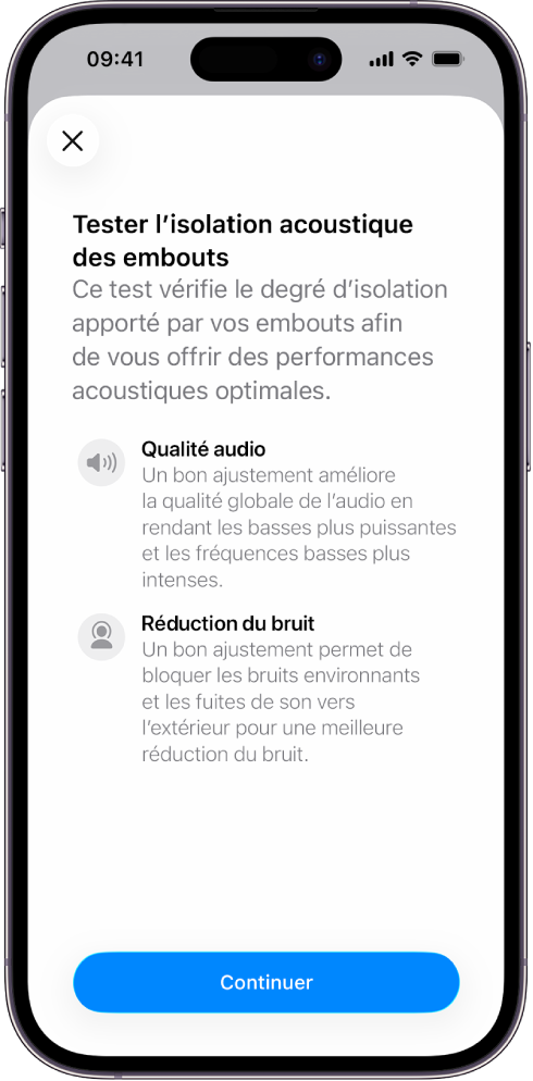 Écran d’un iPhone affichant un test pour mesurer l’isolation acoustique des AirPods Pro 3.