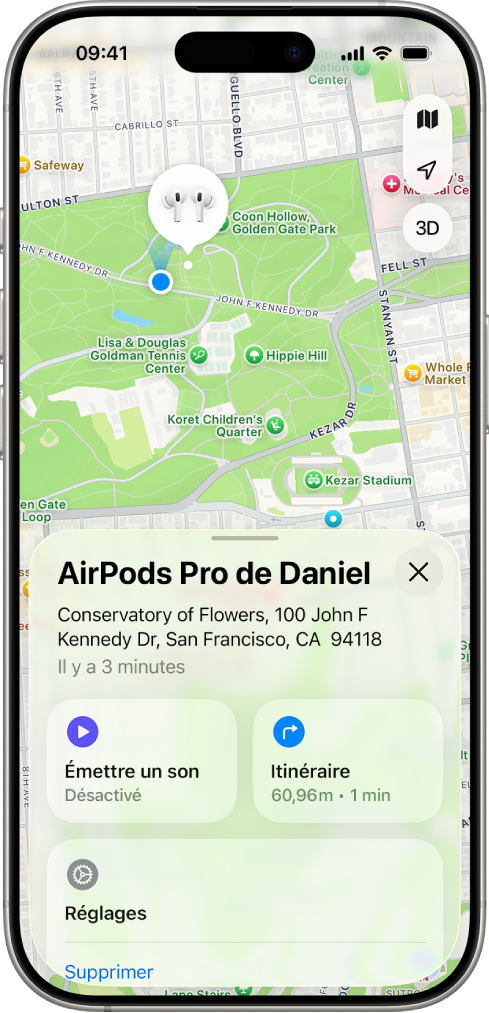 Un écran de l’app Localiser sur l’iPhone. L’emplacement des AirPods est indiqué sur un plan de San Francisco, avec une adresse et les options « Émettre un son » et Itinéraire.