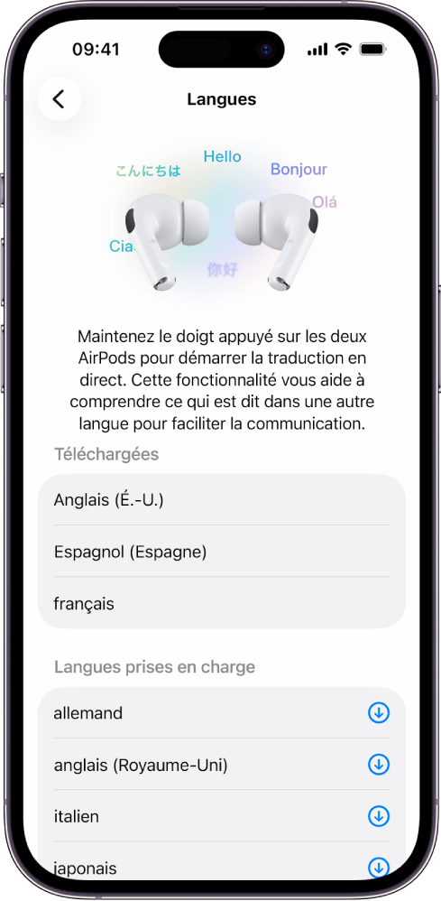 L’écran Langues des réglages Traduire des AirPods affichant une liste de langues téléchargées et prises en charge.