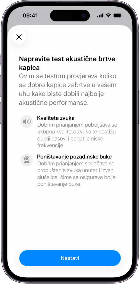 Zaslon iPhonea prikazuje test za mjerenje akustične brtve slušalia AirPods Pro 3.