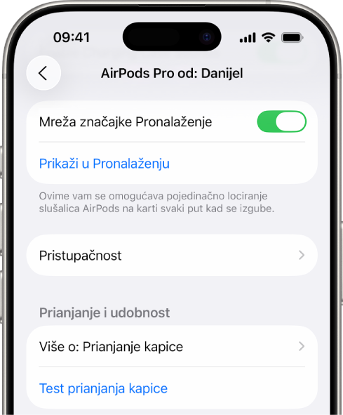 Postavke Bluetootha na iPhoneu s prikazanim opcijama za slušalice AirPods Pro. Uključena je opcija “Mreža značajke Pronalaženje”, koja omogućava pojedinačno lociranje slušalica AirPods na karti svaki put kad se izgube.
