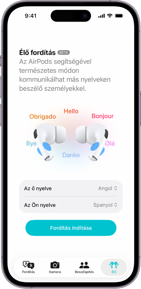 A Fordító app egy iPhone-on az Élő fordítás képernyővel. A képernyőn két felugró menü látható, amelyek segítségével kiválaszthatja a másik személy, illetve az Ön által használt nyelvet, valamint egy gomb, amellyel elindíthatja az élő fordítást.
