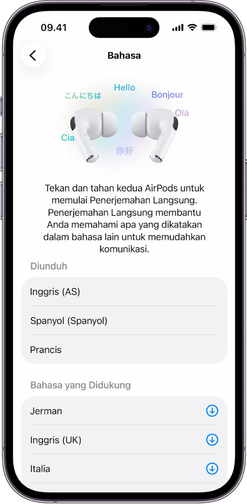 Layar Bahasa di pengaturan Terjemahkan AirPods menampilkan daftar bahasa yang diunduh dan didukung.