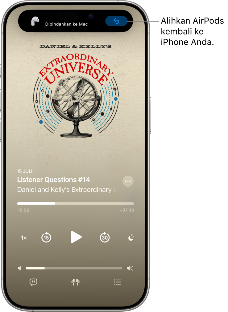 Layar Terkunci di iPhone dengan pesan di bagian atas yang bertuliskan “Dipindahkan ke Mac” dan tombol untuk mengalihkan AirPods kembali ke iPhone.