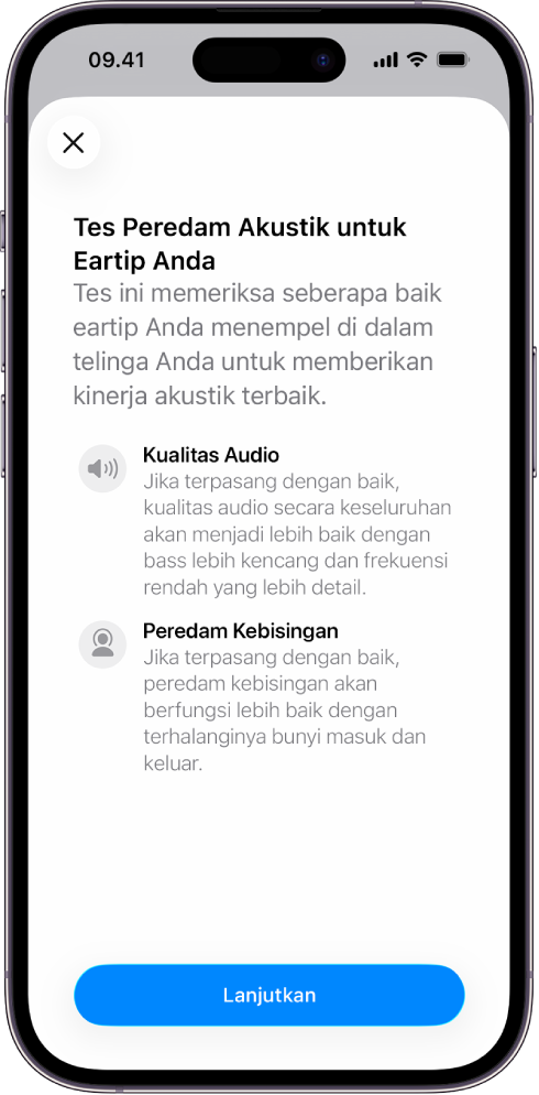 Layar iPhone menampilkan tes untuk mengukur peredam akustik pada AirPods Pro 3.