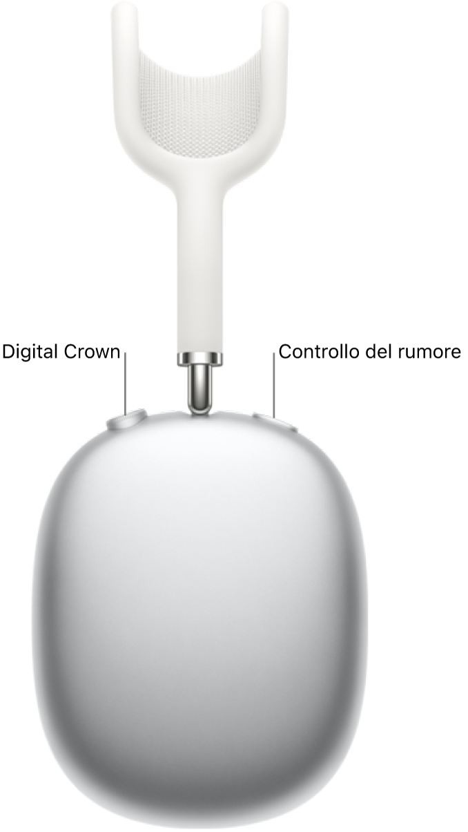 Il padiglione destro delle AirPods Max mostrante la Digital Crown in alto a sinistra e il tasto di controllo del rumore in alto a destra.