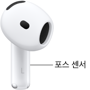 AirPods 4 및 두 AirPods의 스템에 있는 포스 센서 위치.