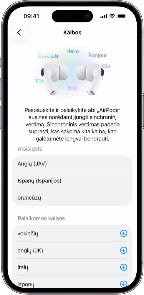 „AirPods“ vertimo nustatymų ekranas „Kalbos“, kuriame rodomas atsisiųstų ir palaikomų kalbų sąrašas.
