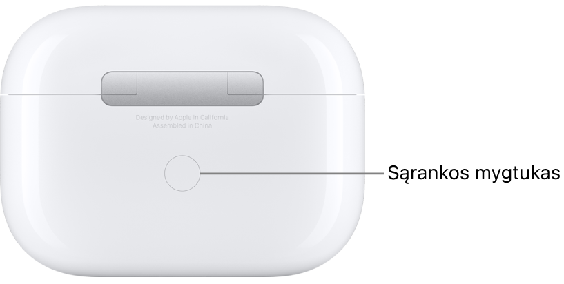 Sąrankos mygtukas yra galinės „AirPods Pro“ įkrovimo dėklo pusės centre.