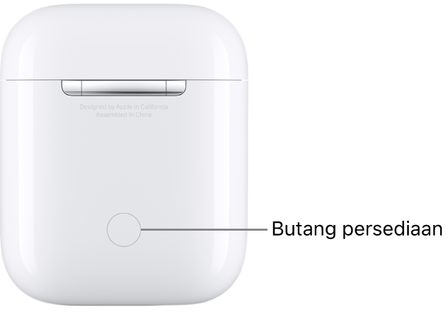 Butang persediaan di bahagian tengah pada belakang bekas pengecasan AirPods 1 dan 2.