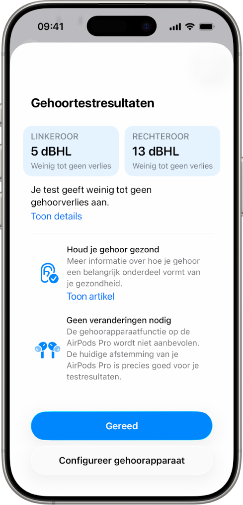 Gehoortestresultaten op een iPhone waarop te zien is dat er in beide oren sprake is van weinig tot geen gehoorverlies. Onderin staan de knoppen 'Gereed' en 'Configureer gehoorapparaat'.