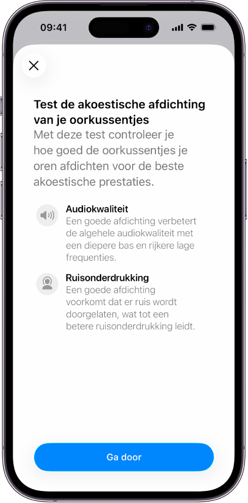 Een iPhone-scherm met daarop een test voor het meten van de akoestische afdichting van je AirPods Pro 3.