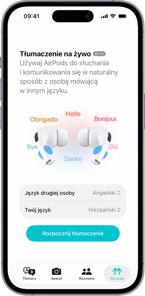 Aplikacja Tłumacz na iPhonie wyświetlająca ekran funkcji Tłumaczenie na żywo. Na ekranie wyświetlane są dwa menu podręczne do wyboru dwóch języków — rozmówcy i Twojego — oraz przycisk uruchamiający tłumaczenie na żywo.