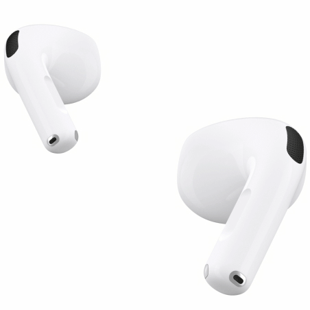 Os AirPods 4 são mostrados. A haste de um dos AirPods está a ser premida.