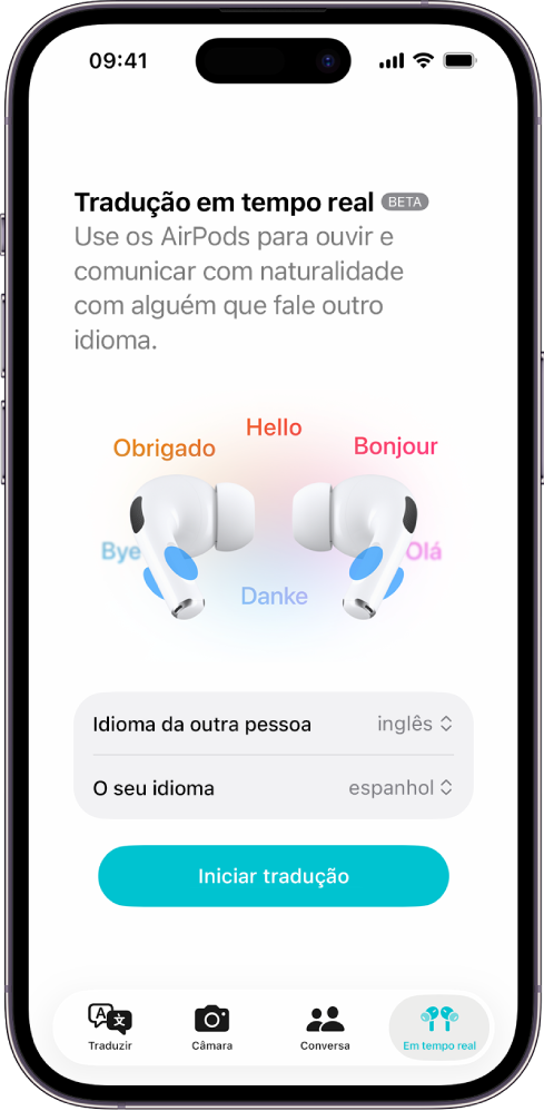 A aplicação Traduzir no iPhone a mostrar o ecrã “Tradução em tempo real”. O ecrã a mostrar dois menus pop-up para escolher o idioma da outra pessoa e o seu idioma, assim como um botão para iniciar a funcionalidade Tradução em tempo real.