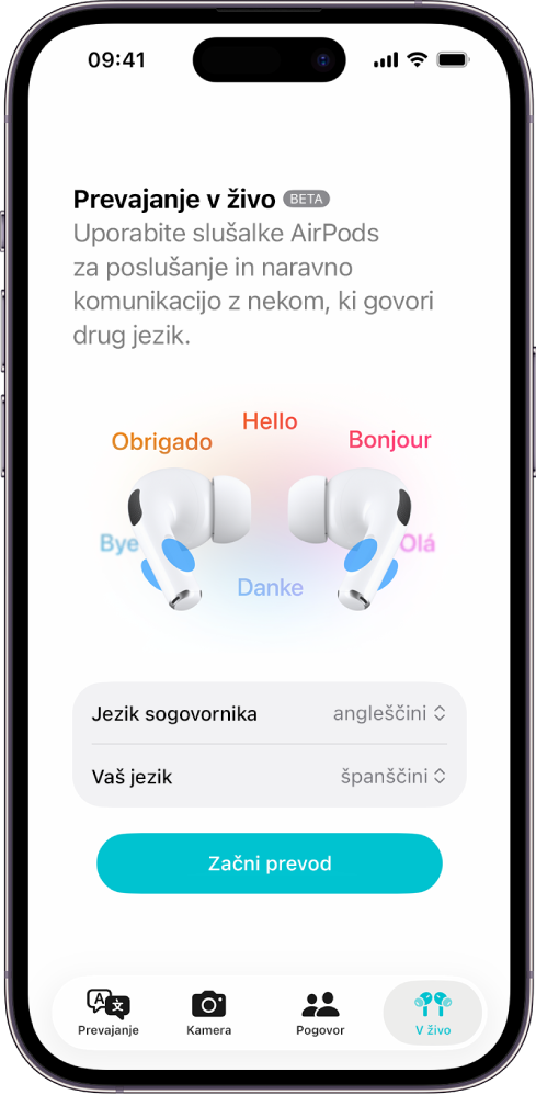 Aplikacija Prevedi v iPhonu, ki prikazuje zaslon Prevajanje v živo. Na zaslonu sta prikazana dva pojavna menija za izbiro jezika in jezika druge osebe ter gumb za začetek prevajanja v živo.