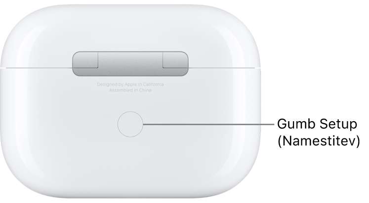 Gumb za nastavitev na sredini hrbtne strani etuija za polnjenje slušalk AirPods Pro.