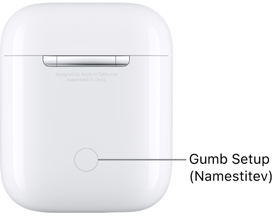 Gumb za nastavitev na sredini hrbtne strani etuija za polnjenje slušalk AirPods 1 in 2.