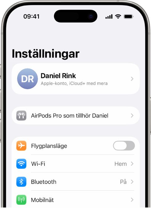 Appen Inställningar på iPhone visar en användares anslutna AirPods listade överst på skärmen.