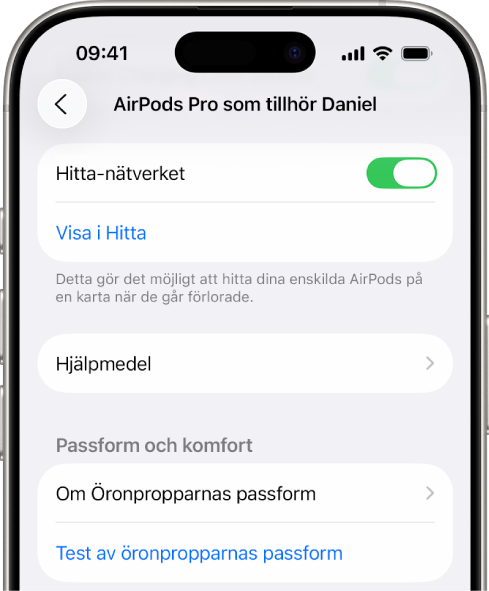 Bluetooth-inställningarna på en iPhone med alternativ för AirPods Pro. Alternativet Hitta-nätverket är aktiverat så att det går att hitta AirPods en och en på en karta om de tappas bort.