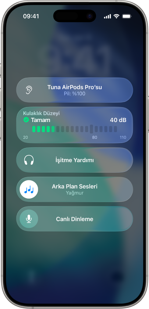Denetim Merkezi’ndeki İşitme Cihazları ekranı. Yukarıdan aşağıya, desibel cinsinden Kulaklık Düzeyi, İşitme Yardımı, Arka Plan Sesleri ve Canlı Dinleme seçenekleri bulunuyor.