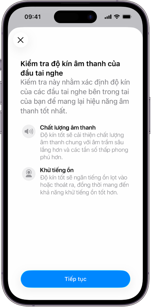 Một màn hình iPhone đang hiển thị một bài kiểm tra đo độ kín âm thanh của AirPods Pro 3.